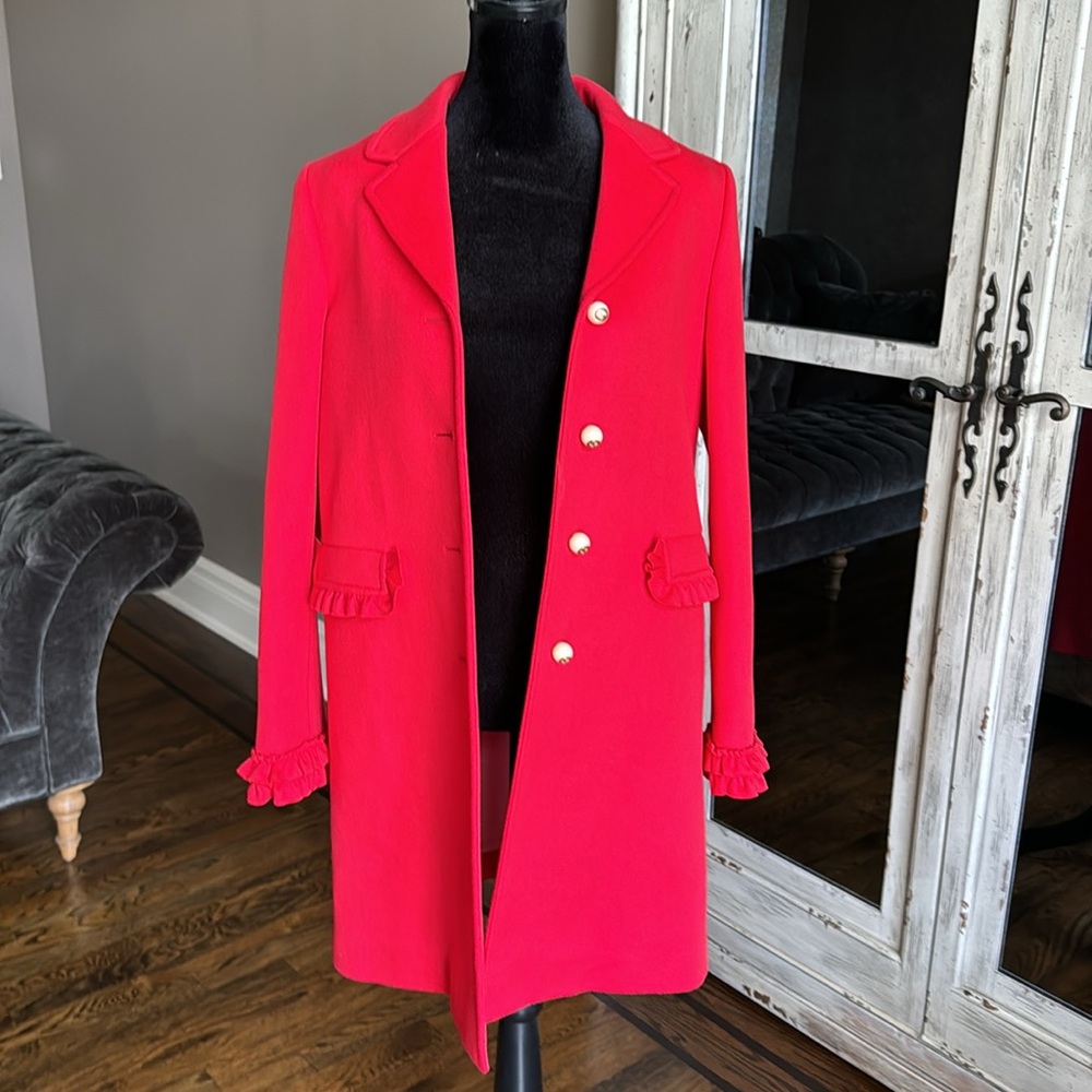 Gucci red wool single breasted coat pearl button Peacoat blazer ruffle sz 40